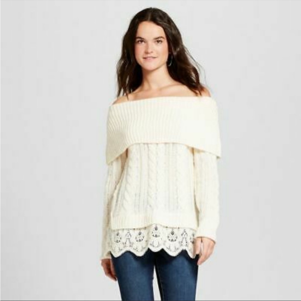 Knox Rose Ivory/Cream Off the Shoulder Lace Detailed Sweater